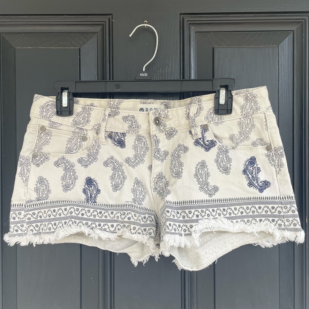 Roxy Paisley Denim Cut Off Shorts Frayed